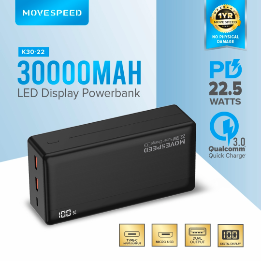 Move Speed K30 Pro 30000mAh 22.5W Powerbank Digital Display Fast Charging QC3.0